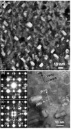 a) TEM plan-view diffraction contrast showing the nanoprecipitate array within YBCO grain. (b) Complex electron diffraction taken along the [001] axis of YBCO grain