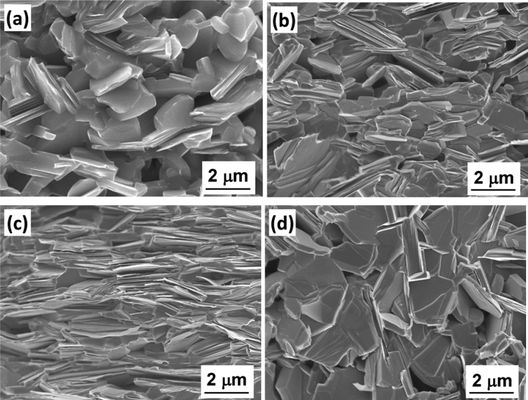 Cross-sectional SEM images from the fractured surface of the pellets showing crystal texture of the samples with different Ba concentrations. (a) Ca3Co4O9+δ. (b) Ca3Ba0.01Co4O9+δ. (c) Ca3Ba0.05Co4O9+δ. (d) Ca3Ba0.1Co4O9+δ.