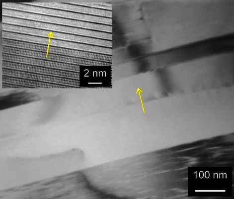 TEM image for the sample doped with 0.3 Yb and pressed at 2 GPa. Insert: HRTEM image shows the microstructure near GB region