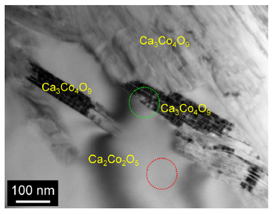 TEM images of the aged sample showing Ca2Co2O5 and nano-lamella Ca3Co4O9.